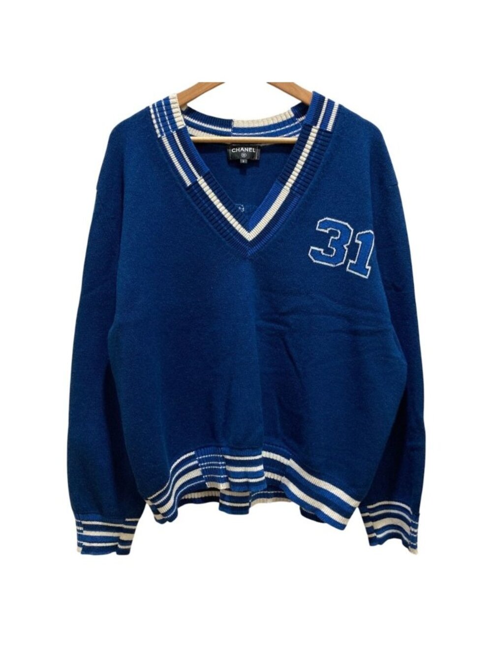 Chanel Numbering Jacquard Neck Cashmere Pullover Knit Sweater S Blue